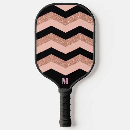 Zwart Roze Glitter Zigzag Patroon Modern Monogram Pickleball Paddle (Voorkant)
