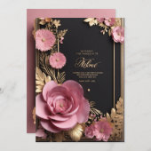 Zwart roze goud 3d bloemenbruiloft kaart (Voorkant / Achterkant)