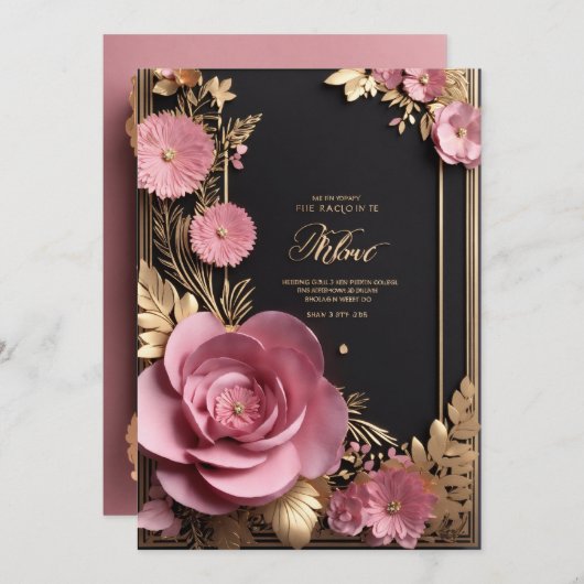 Zwart roze goud 3d bloemenbruiloft kaart (Voorkant / Achterkant)