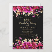 Zwart Roze Goud Bloemen 100e Verjaardagsfeest Kaart (Voorkant)