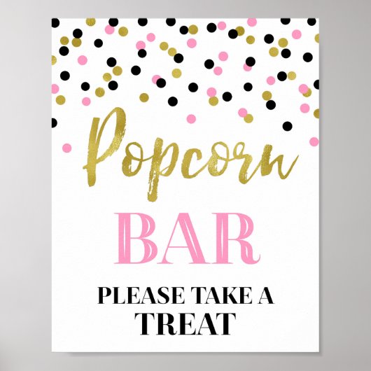 Zwart Roze Goud Confetti Popcorn Bar Teken Poster (Voorkant)