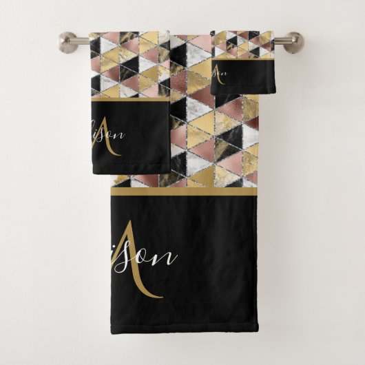 Zwart & Roze Goud Geometrisch Marmer Monogram Bad Handdoek (Insitu)
