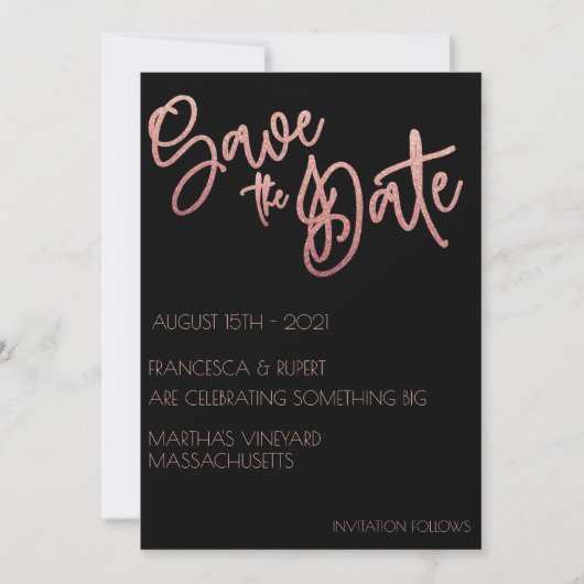Zwart & roze goud glinsterende Art Deco bruiloft Save The Date (Voorkant)