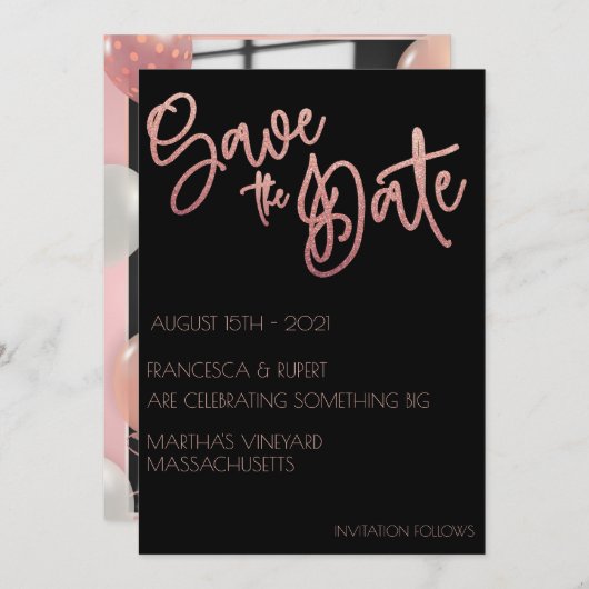 Zwart & roze goud glinsterende Art Deco bruiloft Save The Date (Voorkant / Achterkant)