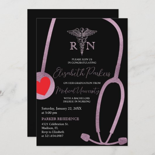 Zwart Roze Goud Modern Verpleegkundig Afstudeerfee Kaart (Voorkant / Achterkant)