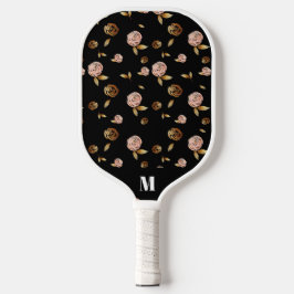 Zwart Roze Goud Roos Patroon | Modern Monogram Pickleball Paddle