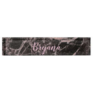 Zwart & Roze Goud Roze Glitters Marmer Glam Trendy Naambordje