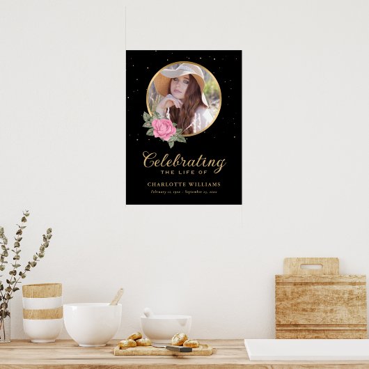 Zwart Roze Gouden Bloemstuk Rouwbord Poster (Keuken)