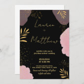 Zwart Roze Gouden Bruiloft Uitnodigingen (Voorkant / Achterkant)