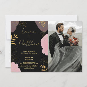 Zwart Roze Gouden Bruiloft Uitnodigingen met foto