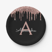 Zwart Roze Gouden Glitter Monogram Verjaardag Papieren Bordje (Voorkant)