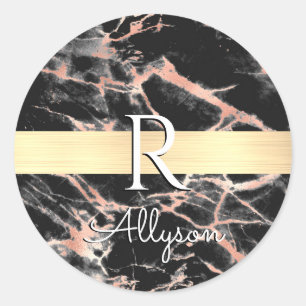 Zwart & Roze Gouden Marmer Gouden Staaf, Witte Naa Ronde Sticker