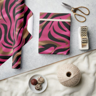 Zwart Roze Gouden Zebra Strepen Dierlijk Print Pat Cadeaupapier