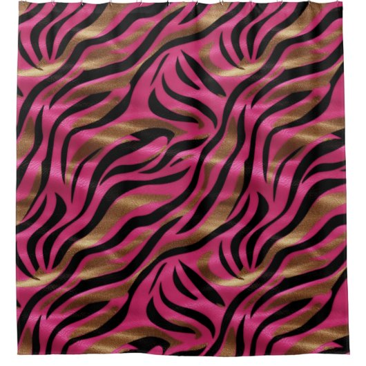 Zwart Roze Gouden Zebra Strepen Dierlijk Print Pat Douchegordijn (Voorkant)