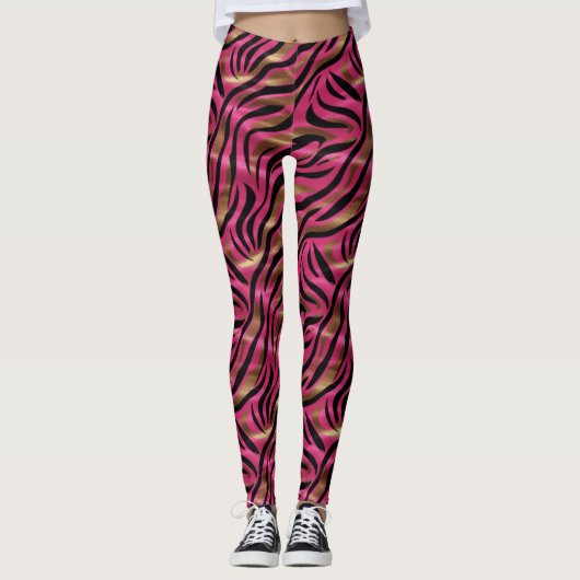 Zwart Roze Gouden Zebra Strepen Dierlijk Print Pat Leggings (Voorkant)