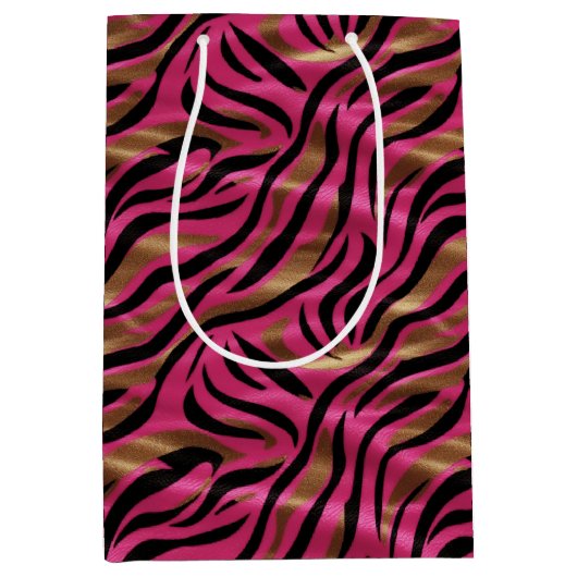 Zwart Roze Gouden Zebra Strepen Dierlijk Print Pat Medium Cadeauzakje (Voorkant)