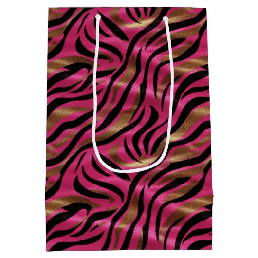 Zwart Roze Gouden Zebra Strepen Dierlijk Print Pat Medium Cadeauzakje (Achterkant)