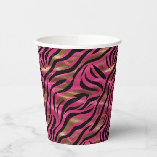Zwart Roze Gouden Zebra Strepen Dierlijk Print Pat Papieren Bekers (Links)