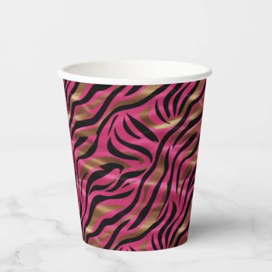 Zwart Roze Gouden Zebra Strepen Dierlijk Print Pat Papieren Bekers (Voorkant)