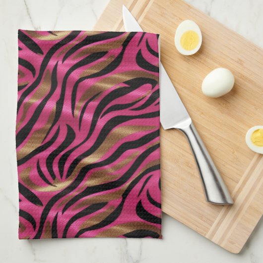 Zwart Roze Gouden Zebra Strepen Dierlijk Print Pat Theedoek (Quarter Fold)