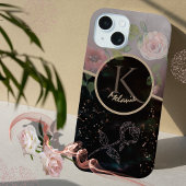 Zwart Roze Grijs Bloemen Monogram Telefoon Case iPhone 15 Case