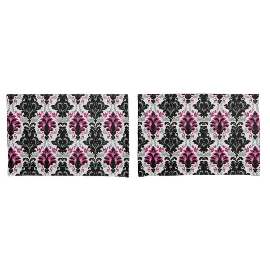 Zwart, Roze & Grijs Damast Kussensloop (Voorkant-Set)