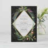 Zwart roze groen faux goud confetti bloemenbruilof kaart (Staand voorkant)