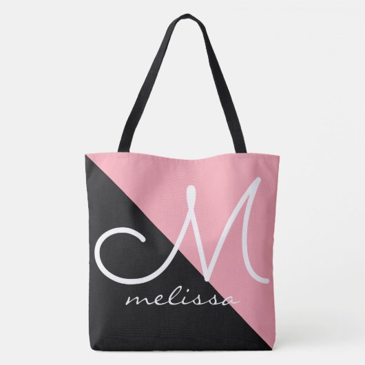 Zwart-roze grote Canvas tas met naam monogram (Achterkant)