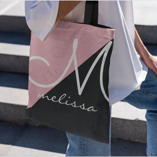 Zwart-roze grote Canvas tas met naam monogram