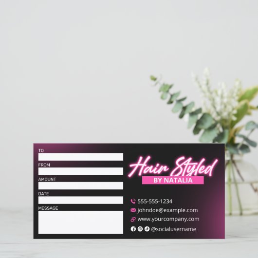 Zwart & Roze Haar Salon Foto Gift Certificaat (Staand voorkant)