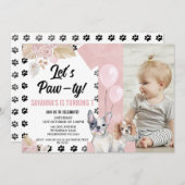 Zwart Roze Hond Paw-ty Boho Bloemen 1e Verjaardag Kaart (Voorkant / Achterkant)