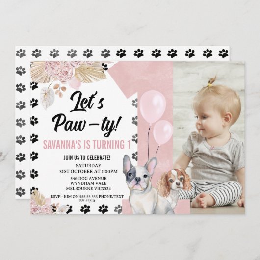 Zwart Roze Hond Paw-ty Boho Bloemen 1e Verjaardag Kaart (Voorkant / Achterkant)