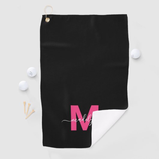 Zwart Roze Initiaal Naam Monogram Golfhanddoek (Insitu)