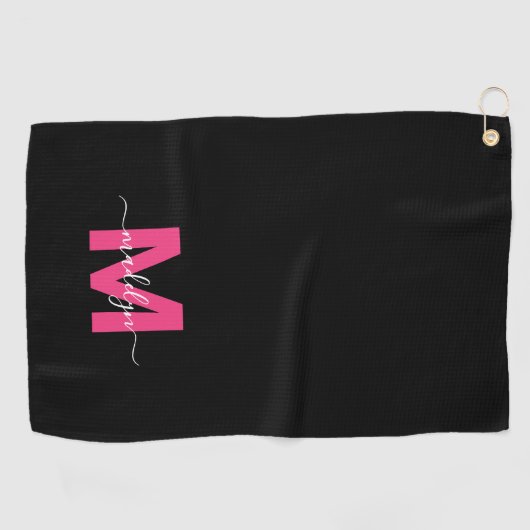 Zwart Roze Initiaal Naam Monogram Golfhanddoek (Horizontaal)