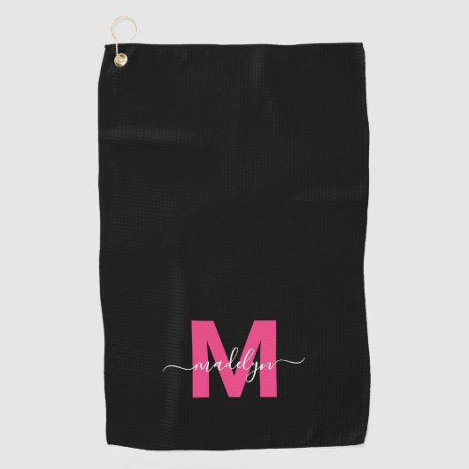 Zwart Roze Initiaal Naam Monogram Golfhanddoek (Voorkant)