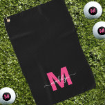 Zwart Roze Initiaal Naam Monogram Golfhanddoek<br><div class="desc">Create Your Own Personalized Custom Black Modern Script Name Monogram Golf Towel. This chic, feminine golf towel features a stylish monogram design with a flat magenta or hot pink initial on a sleek black background and a classic black script name for a personalized touch. Printed on one side, this towel...</div>