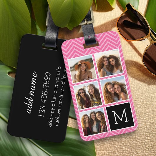 Zwart Roze Instagram 5 Fotocollage Monogram Bagagelabel