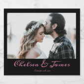 Zwart Roze Kalligrafie Foto Bruiloft Party Fles Sparkling Wijnetiket (Enkel label)