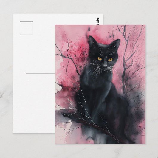 Zwart Roze Kat Abstract Surrealistisch Portret Sch Briefkaart (Voorkant / Achterkant)