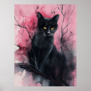 Zwart Roze Kat Abstract Surrealistisch Portret Sch Poster