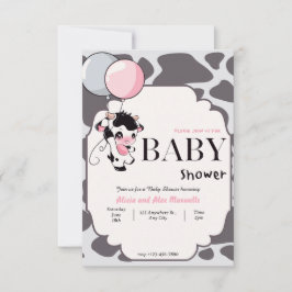 Zwart Roze Koe met Balloon baby shower uitnodiging