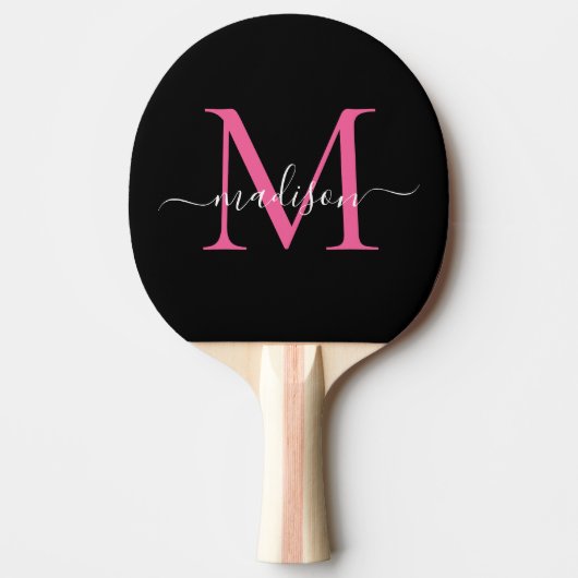 Zwart Roze Magenta Monogram Elegant Script Naam Tafeltennisbatje (Voorkant)