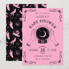 Zwart roze magische maan kristallen bol baby showe kaart