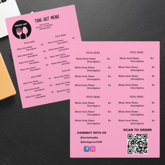 Zwart, Roze Menu voor Afhaalmaaltijden met QR-code