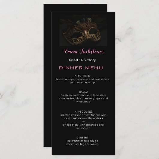 Zwart & Roze Minimalist Sweet 16 Masquerade Masker Menu (Voorkant / Achterkant)