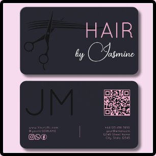 Zwart Roze Modern Monogram QR Haarstylist Visitekaartje