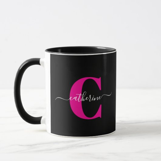 Zwart Roze Moderne Stijlvolle Script Monogram Naam Mok (Links)