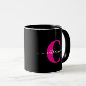 Zwart Roze Moderne Stijlvolle Script Monogram Naam Mok (Voorkant rechts)