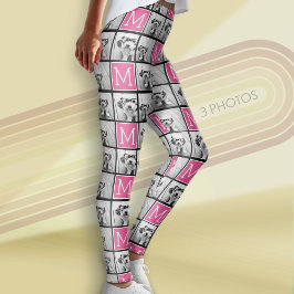 Zwart Roze Monogram met Custom 3 Fotocollage Leggings