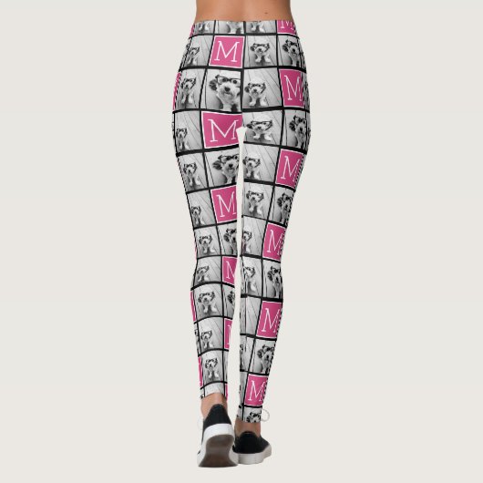 Zwart Roze Monogram met Custom 3 Fotocollage Leggings (Achterkant)